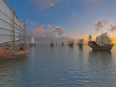 Fleet of Traditional Wooden Boats Sailing On Calm Water At Sunset Sky 3d model