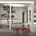 Modern Reception Desk With Curved Design Black Accent Wall White Sofa Round Coffee Table