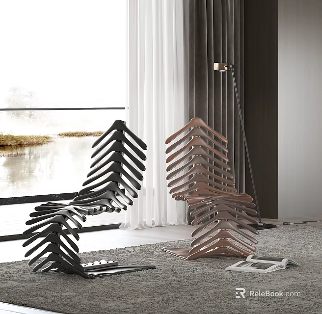 Modern Indoor Single Chair With Fishbone Design In Black And Brown Tones 3d model 
