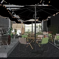 Cozy Casual Lounge Area With String Lights Umbrella Gray Walls Plants And Pebble Floor