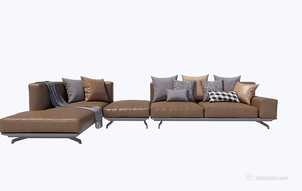 Contemporary Brown Leather Sectional Sofa With Assorted Colored Pillows And Ottoman 3d model
