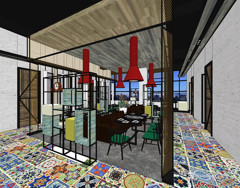 Hotpot Restaurant Interior With Open Layout Colorful Patchwork Floor Red Pendant Lights And Dining Tables 3d model 