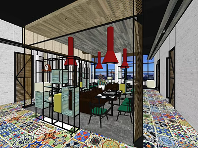 Hotpot Restaurant Interior With Open Layout Colorful Patchwork Floor Red Pendant Lights And Dining Tables 3d model