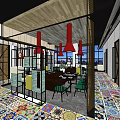 Hotpot Restaurant Interior With Open Layout Colorful Patchwork Floor Red Pendant Lights And Dining Tables