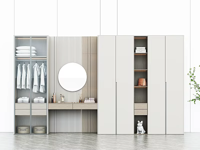 Modern White Wardrobe With Glass Door Interior Storage Round Mirror And Plant Shelves 3d model