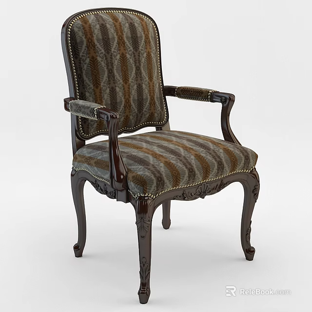 Elegant Leisure Chair With Striped Fabric Upholstery And Dark Wooden Carved Armrests 3d model 