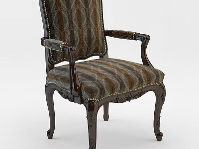 Elegant Leisure Chair With Striped Fabric Upholstery And Dark Wooden Carved Armrests 3d model