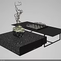 Black Coffee Table With Textured Base Chess Set And Decorative Plant 3d model