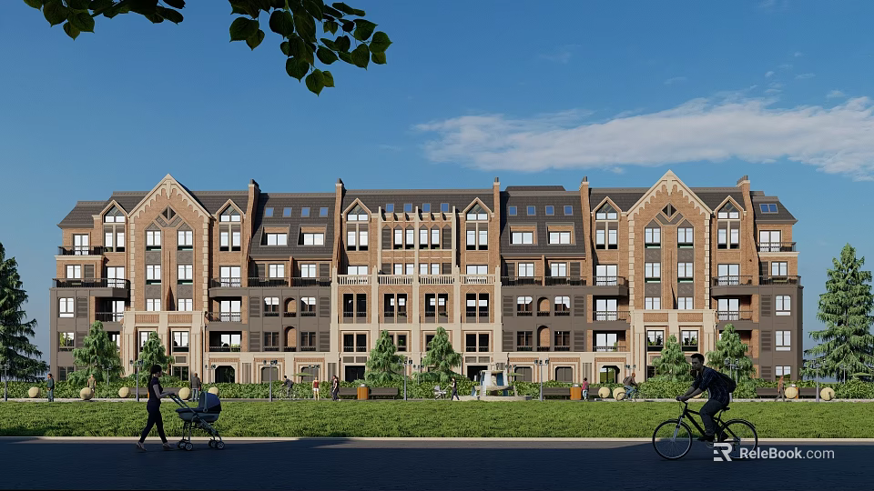 Red Brick Multi Story Residential Building With Green Lawn And Pedestrians Biking 3d model 