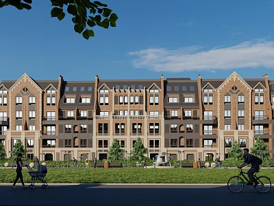 Red Brick Multi Story Residential Building With Green Lawn And Pedestrians Biking 3d model