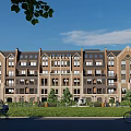 Red Brick Multi Story Residential Building With Green Lawn And Pedestrians Biking