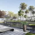 Elegant Water Fountain With Stepped Design Palm Trees And Reflective Water In Garden