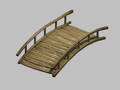 Classic Arched Wooden Bridge With Railings And Natural Wood Structure 3d model