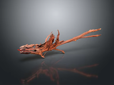 Detailed Carved Wooden Dragon Sculpture With Long Body And Open Mouth Artistic Design 3d model