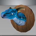 Blue Dragon Head Mounted On Wooden Circular Base With Yellow Horns And Colorful Spots