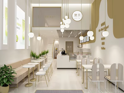 Modern Bright Milk Tea Shop Interior With Open Layout Tables Chairs And Hanging Lights 3d model