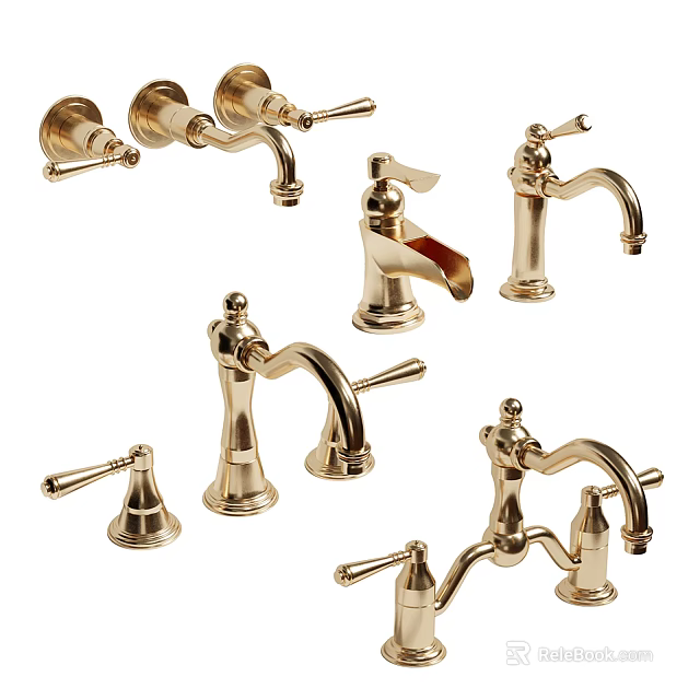 Elegant Gold Brass Faucets With Various Handle Designs For Kitchen And Bathroom 3d model 