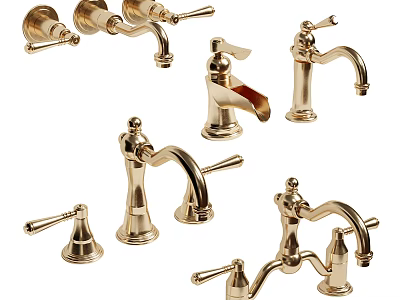 Elegant Gold Brass Faucets With Various Handle Designs For Kitchen And Bathroom 3d model
