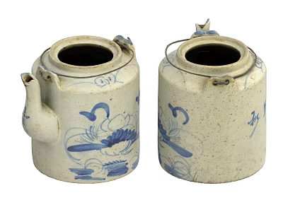 Traditional Blue and White Ceramic Tea Set with Hand painted Floral Patterns and Two Teapots 3d model