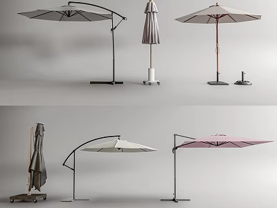 Outdoor Patio Umbrellas With Curved Straight Pole Designs Beige Pink Striped Canopies And Stable Bases 3d model