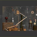 Miniature Mechanical Scene Model With Wooden Blocks Pulleys Gears And Barrel