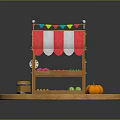Cartoon Scene With Wooden Stall Red White Striped Awning Colorful Flags Pumpkin And Green Grass
