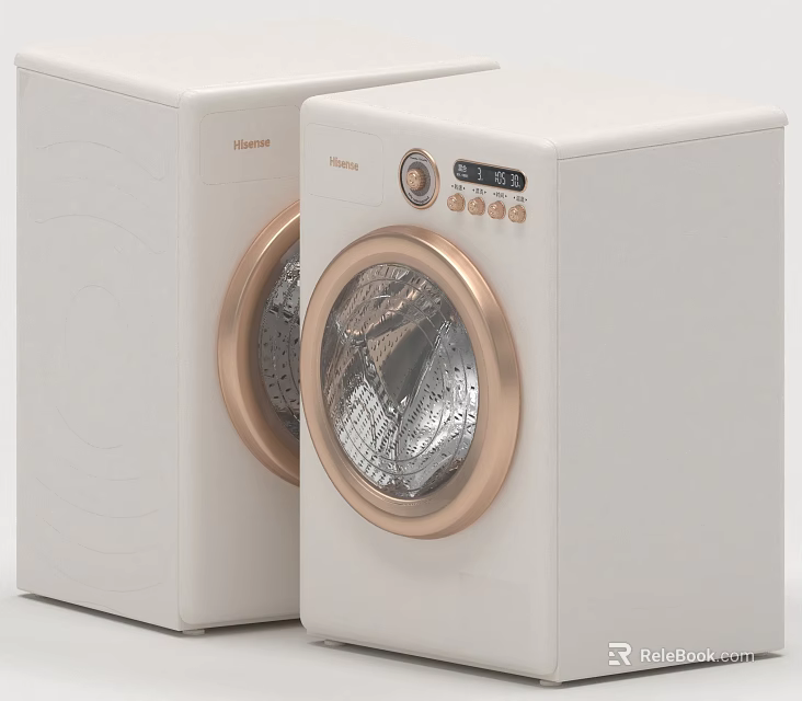 Two Sharp White Washing Machines With Golden Borders And Circular Transparent Doors 3d model 
