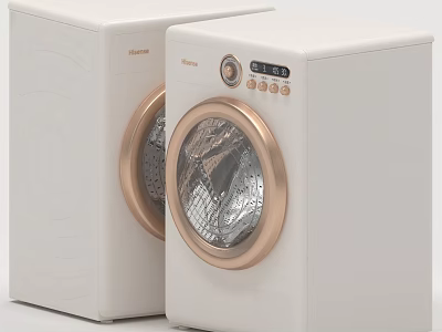 Two Sharp White Washing Machines With Golden Borders And Circular Transparent Doors 3d model