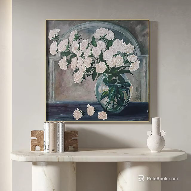 Decorative Painting With White Flowers In Glass Vase On Marble Tabletop With Books 3d model 