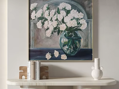 Decorative Painting With White Flowers In Glass Vase On Marble Tabletop With Books 3d model