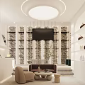 Modern Elegant Clothing Store Interior Featuring Beige Wooden Furniture Mannequin Display Shelves And Green Plants