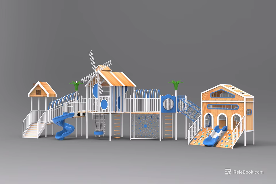 Colorful Playground Equipment With Windmill Slides Houses Railings And Multi Level Structure 3d model 