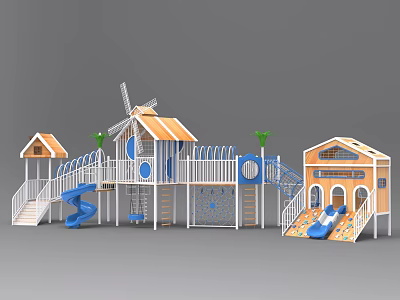 Colorful Playground Equipment With Windmill Slides Houses Railings And Multi Level Structure 3d model