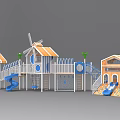 Colorful Playground Equipment With Windmill Slides Houses Railings And Multi Level Structure