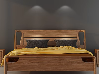 Wooden Double Bed With Yellow Blanket Dark Pillows Nightstands And Wall Lights 3d model