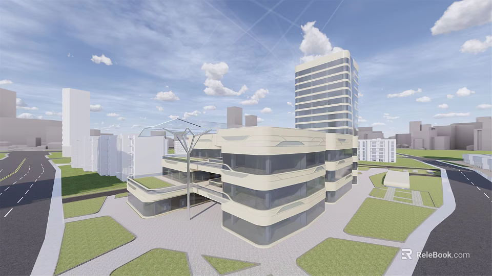 Modern Commercial Complex With Multi Story Design Glass Curtain Walls And Green Lawns In Urban 3d model 