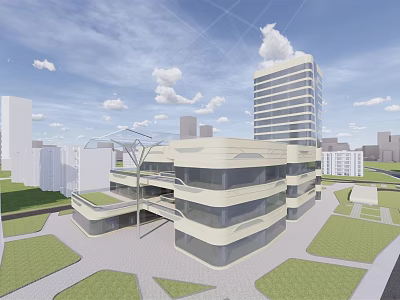 Modern Commercial Complex With Multi Story Design Glass Curtain Walls And Green Lawns In Urban 3d model