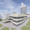 Modern Commercial Complex With Multi Story Design Glass Curtain Walls And Green Lawns In Urban