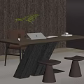 Modern Wooden Desk With Laptop Plant Cup And Chair Two Stools And Wooden Wall Background