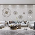 Modern Sofa And Coffee Table Set With Decorative Wall Art Throw Pillows And Rug