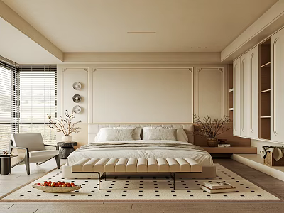 Modern Bedroom Interior With Beige Walls Tufted Bed Roller Blinds Patterned Rug And Decorative Vases 3d model