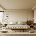 Modern Bedroom Interior With Beige Walls Tufted Bed Roller Blinds Patterned Rug And Decorative Vases