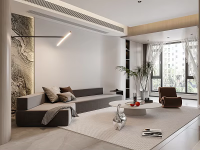 Modern Living Dining Room With Gray Sofa Marble Wall Round Coffee Table And Green Plant 3d model