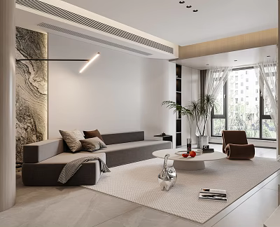 Modern Living Dining Room With Gray Sofa Marble Wall Round Coffee Table And Green Plant 3d model