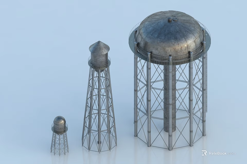 Industrial Water Tower Structures With Various Sizes And Metal Frame Designs 3d model