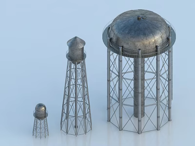 Industrial Water Tower Structures With Various Sizes And Metal Frame Designs 3d model