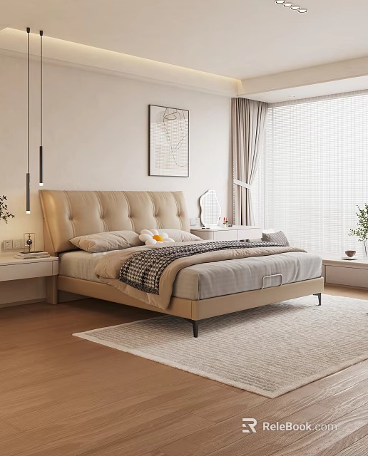 Modern Bedroom Interior Design With Beige Leather Bed Nightstand Lamp Wall Art And Area Rug 3d model 