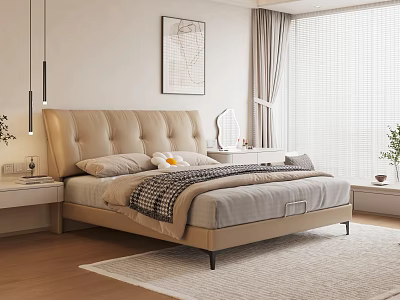 Modern Bedroom Interior Design With Beige Leather Bed Nightstand Lamp Wall Art And Area Rug 3d model