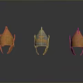 Three Ornate Medieval Helmets With Gold And Blue Metallic Design As Historical Weapons