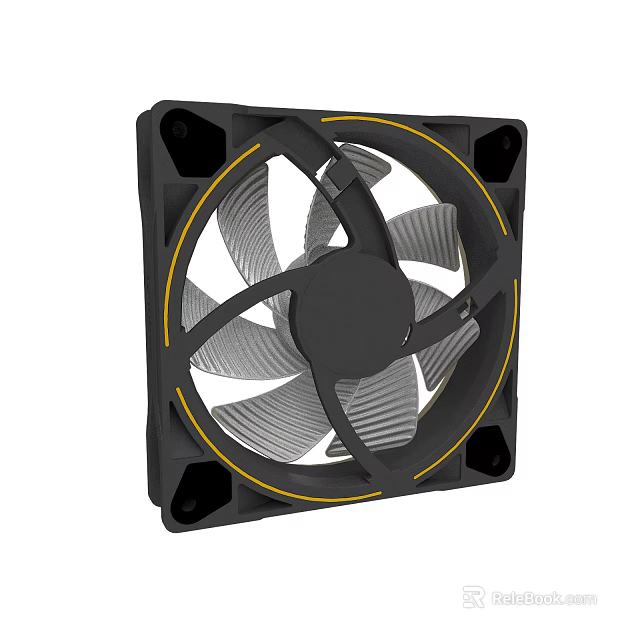 Modern Computer Cooling Fan With Black Frame Yellow Trim And Gray Blades 3d model 